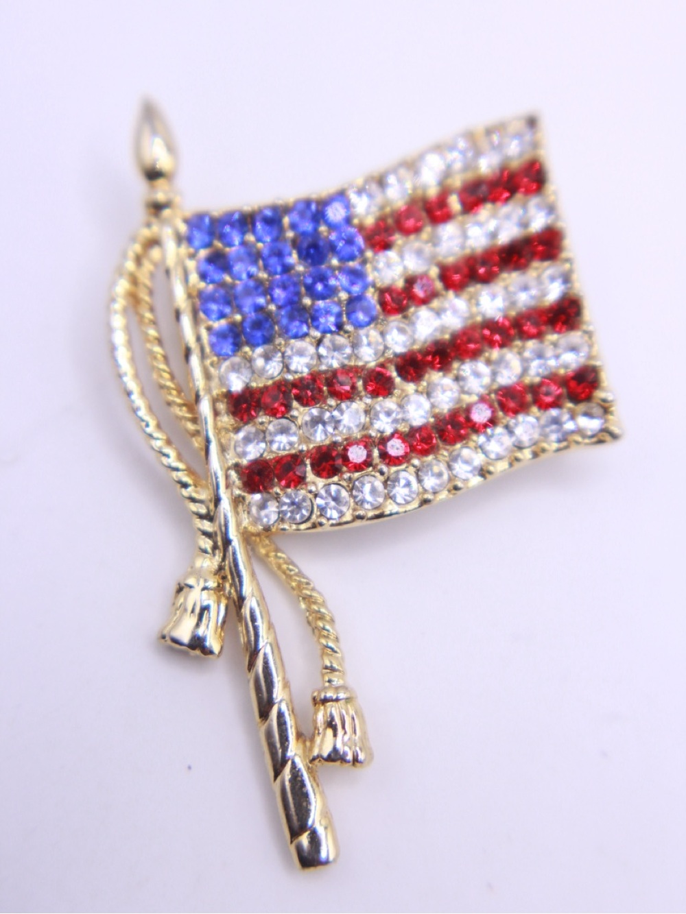 Vintage Gold-Tone American Flag Crystal Pin - Red White Blue